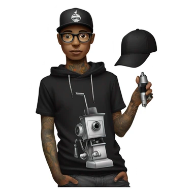 black cap, hoodie and glasses boy tattoo artist  holding tattoo machine sticker