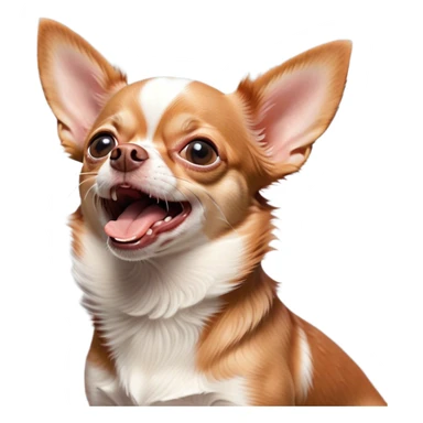 Cinematic Cute Yawning Red/White Short Haired Chihuahua Portrait Emoji, Head tilted slightly with a dramatic, wide-open yawn, soft red and white fur with a smooth texture, floppy ears slightly drooping, round dark eyes barely open in drowsy contentment, Simplified yet irresistibly adorable features, highly detailed, glowing with a soft, cozy glow, high shine, relaxed yet expressive, stylized with a touch of whimsy, bright and endearing, soft glowing outline, capturing the essence of a sleepy yet affectionate pup, so drowsy it feels like it could stretch right out of the screen and curl up for a nap! sticker