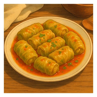 ghibli style warm and inviting sarma, traditional stuffed cabbage rolls on a plate sticker