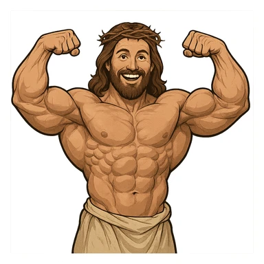 Strong, muscular Jesus, cheerful expression, bodybuilder build sticker