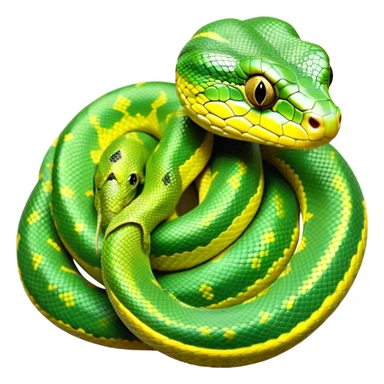 cinematic-green tree python-realistic-full-body-coiled-emoji,-thick-scaled-body-looped-tightly,-intricate-tellow and green-patterned-scales-reflecting-light,-head-tilted-dramatically,-slitted-eyes-staring-calmly,-simplified-yet-realistic-focused-feature sticker