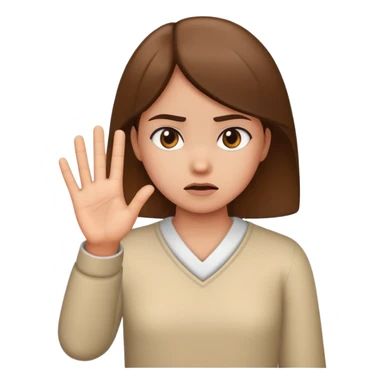 girl looking annoyed, palm raised to signal stop sticker