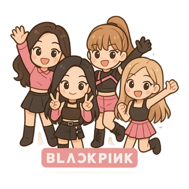 Blackpink K-pop girl group four members chibi style cute pink and black energetic group pose K-pop fashion sticker