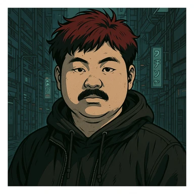 Asian man with a round face, black mustache, red hair, black hoodie, Japanese manga style inspired by Ghost in the Shell, more anime-like features, cyberpunk atmosphere, detailed linework, subtle color accents sticker