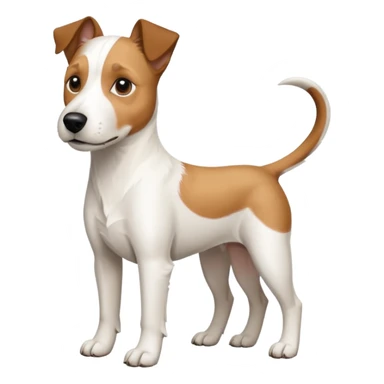 a full body large white parson russell terrier looking dog the size of a kelpie with light brown ears and a light brown patch on one eye and a large snout sticker