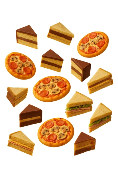 pizzette, fette di torta e panini, fluttuano in aria in 3d, sfondo bianco sticker