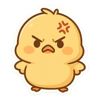 cute angry chibi chick, round body, yellow, anger symbol on head, adorable chibi style sticker