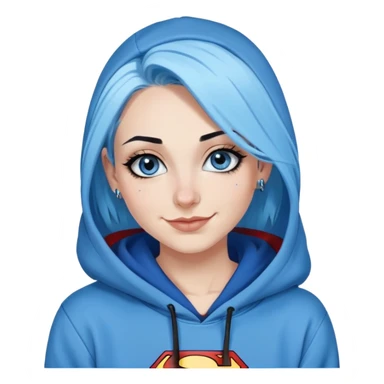Smiling-30-year-old-adult-long-straight-dark-blue-and-light-blue-hair-blue-eyes-thick-black-eyeliner-really-thick-really-long-eye-lashes-sky-blue-superman-no-ears-hoodie-sweatshirt-nose-piercing-lip-piercing sticker