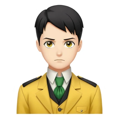 Levi Ackerman with black undercut hair, stern expression, wearing yellow uniform instead of green, with white cravat sticker