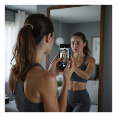 woman in gym clothes, back pose in front of mirror, holding smartphone in front, recording video check for coach, modern home environment, hyperrealistic details, 4K sticker