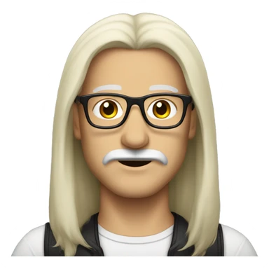a white-skinned man with long black straight hair, a black mustache and glasses sticker