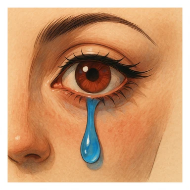 Illustration of a crying female eye with clear contours, shadows, and highlights. The skin around the eye is beige, the iris is brown-red, and the tear is blue-light blue. Preserve expressiveness and detail in the illustration style. sticker