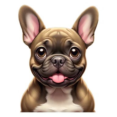 Cinematic Comical Brindle French Bulldog Portrait Emoji, Head tilted dramatically with an exaggeratedly amused expression, featuring a striking brindle coat with bold fawn highlights, wide, expressive dark eyes filled with playful disbelief, Simplified yet hilariously expressive features, highly detailed, glowing with a slightly sassy glow, high shine, dramatic yet playful, stylized with an air of cheeky mischief, bright and endearing, soft glowing outline, capturing the essence of a spirited and over-the-top companion, so meme-worthy it feels like it could side-eye its way into internet fame instantly! sticker