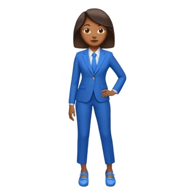 black woman in a blue smart suit and shoes, standing with hands by her side, confident expression, emoji style sticker
