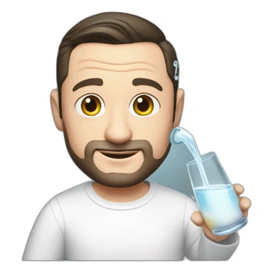 tim robinson dark black slicked back hair, wearing a white long sleeve t-shirt while pouring water from glass onto a steak sticker