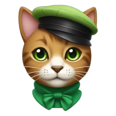 Brown cat with black stripes and white mustache and the contour of the white mouth and green eyes with a brush pencil and a black beret and a color palette sticker