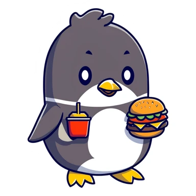 penguin eating a large hamburger sticker