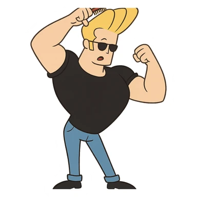 johnny bravo cartoon character, combing his blonde hair, wearing blue jeans and black shoes, cartoon style sticker