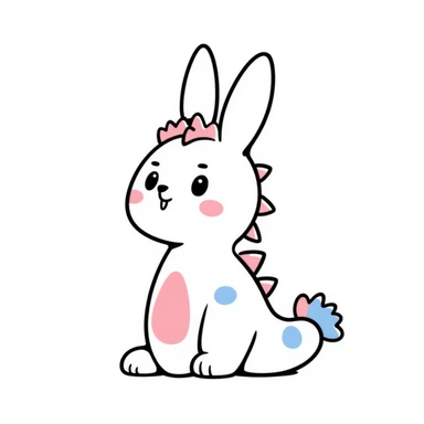 Kawaii bunny plant dragon in Sanrio style, like Hello Kitty and My Melody, tiny spikes, extremely cute, simple clean design, large head, minimal facial features, big round eyes, blushing cheeks, pastel colors with pinks and blues, clean bold outlines, small mouth, adorable expression, rounded shapes sticker