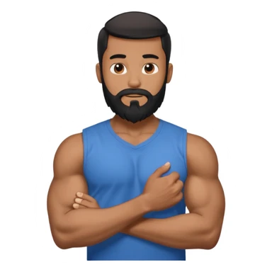 generate an ios genmoji of a 20 year old tan boy with long long long black beard that reaches his chest. Big biceps. wearing a blue shirt that fits his arms sticker