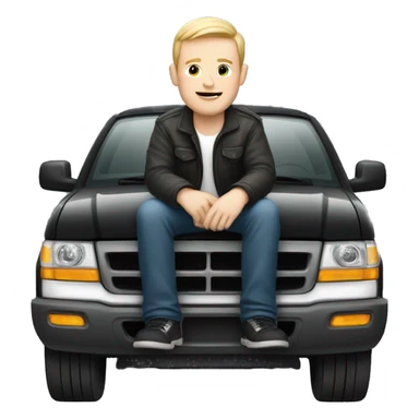 A man with pale skin sitting on top of a black Ford car sticker
