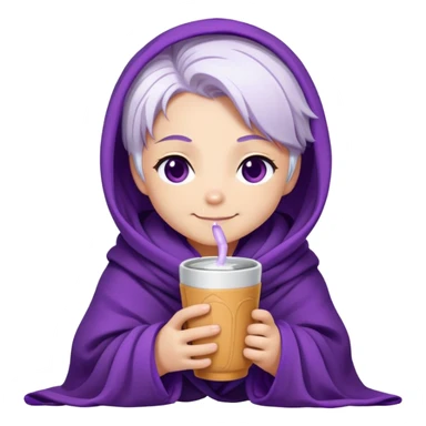 Chibi Sable Ward wrapped in a blanket, holding a warm drink, cozy expression, white hair with purple streaks, fully purple eyes, content smile sticker