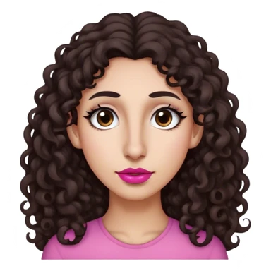 Long dark brown curly hair, long nose, long chin, long face, small dark brown eyes, dark far eyebrows, light medium skin tone, small pink lips sticker