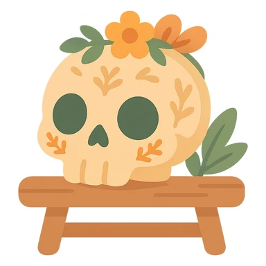 "A cute, whimsical skull resting gently on a wooden table, styled with a warm and soft color palette: golden orange (FA9B41), deep forest green (4A7C5C), muted taupe brown (96775A), and pastel peach (FFCC9A). The skull has rounded, friendly features and big, expressive eye sockets, giving it a sweet and non-threatening appearance. It is decorated with small floral or leafy patterns, and perhaps a tiny flower crown or ribbon in peach or green tones. The wooden table has a rustic charm, and the lighting is warm and magical, with gentle shadows and a cozy, storybook-like atmosphere. The overall scene feels enchanting, calm, and charming sticker