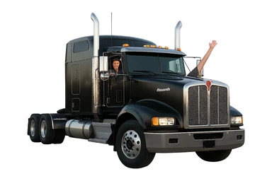 Edit the image of the black Kenworth W680 sleeper semi with chrome stacks to show only one person on the driver's side, hanging out of the window with one arm up. Make the style realistic and keep the background transparent. sticker