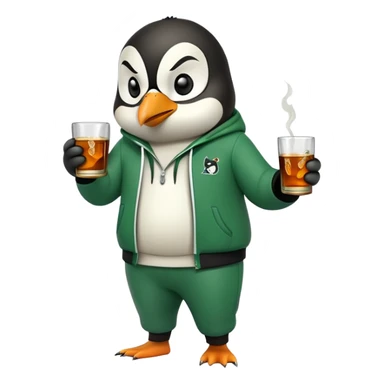 full body friendly anthropomorphised penguin wearing green mafia-style tracksuit, angry intense brooding posture, holding glass of whiskey sticker