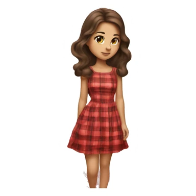 Pretty peach skin brunette woman with long flowing hair and red rosy cheeks in red plaid babydoll dress sticker