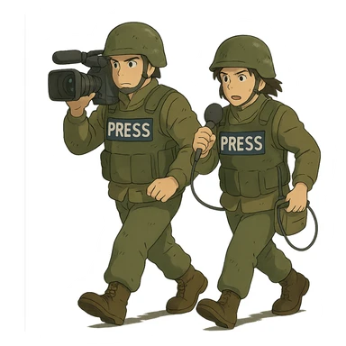  walking from left to right across frame: a cameraman, and a microphone operator, ONLY two people, war correspondents, tense moment sticker