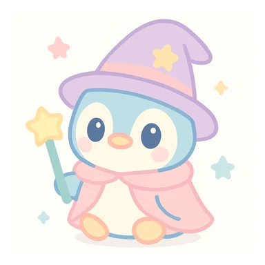 {
  "style_description": {
    "overall_look": "Cute, minimal, and soft with a friendly and playful tone",
    "material_simulation": {
      "primary_material": "flat digital color",
      "texture_detail": "smooth surfaces with no texture or shading",
      "pattern": "none or very simple decorative accents (e.g., hearts, stars)"
    },
    "geometry": {
      "edge_style": "rounded, soft curves with no sharp angles",
      "dimensionality": "flat two-dimensional appearance with simple shapes"
    },
    "color_palette": {
      "scheme": "pastel and light tones",
      "preferred_colors": ["pink", "mint", "lavender", "baby blue", "peach"],
      "contrast": "low contrast with bright accents"
    },
    "facial_features": {
      "eyes": "large, sparkly, often oval or circular",
      "mouth": "small, often a simple curve or dot",
      "expression": "joyful, innocent, or calm"
    },
    "lighting": {
      "type": "none or implied with soft highlights",
      "purpose": "maintain a clean and cheerful look"
    },
    "render_constraints": {
      "avoid": ["realistic shading", "high detail", "dark themes", "texture noise"],
      "focus_on": ["cute expression", "iconic simplicity", "emotional warmth"]
    },
    "background": {
      "color": "white or soft pastel",
      "style": "plain or patterned with simple icons (e.g., polka dots, stars)",
      "lighting_consistency": "no shadows, evenly lit feel"
    }
  }
}

{subject} = penguin wizard sticker