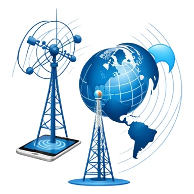 An icon featuring a satellite dish, cell tower with signal waves, and a globe connected by lines, symbolizing telecommunications. The design includes data signals, network nodes, and a mobile device, representing global digital communication. Transparent background sticker