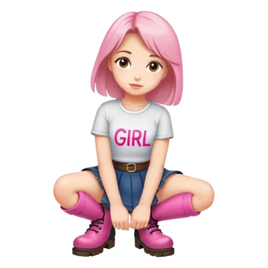  top and skirt with pink inscription “girl”  squatting in boots sticker