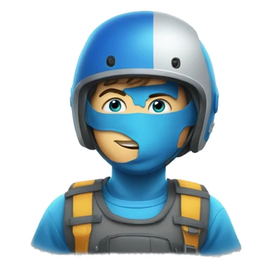 kid with buck teeth, a pencil up his nose, a blue helmet, blue eyes sticker