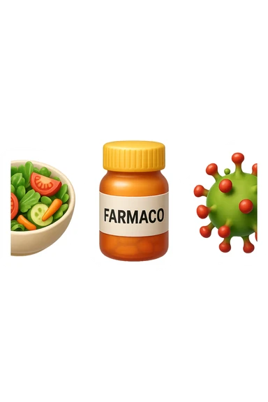 EMOJI STILE IPHONE DI una bowl di insalata, una boccetta di farmaco con la scritta "FARMACO" SULLA BOCCETTA E UN VIRUS, FLUTTUANO IN ARIA, IPERREALISTICO 4K sticker