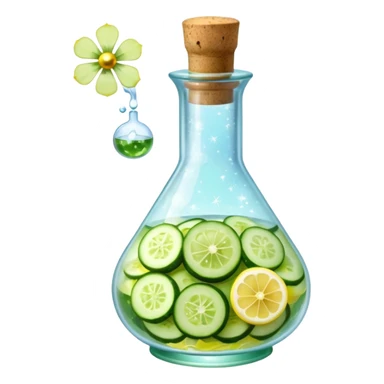 potion bottle with a perfectly round floating bottom, very small cork, very short neck, filled with #00d9ff liquid, inside cucumber slices, lemon slices, ice cubes, edible flower petals, and magical sparkles, soft lighting, transparent glass, clean background, fantasy style sticker