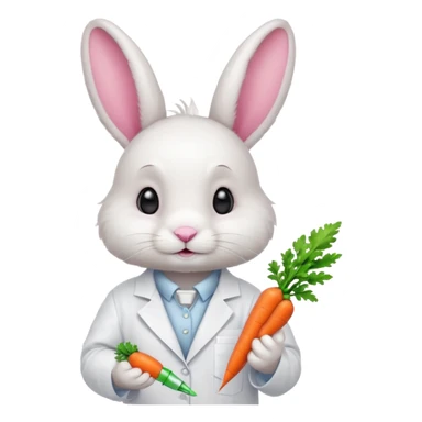 ​​White bunny in lab coat holding carrot syringe.







 sticker