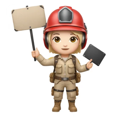 Create a cute emoji-style PUBG Mobile character, chibi version with helmet and backpack, standing in victory pose, holding a blank white sign or paper sheet in both hands in front of chest, ready for text, clean white background, simple emoji design” sticker