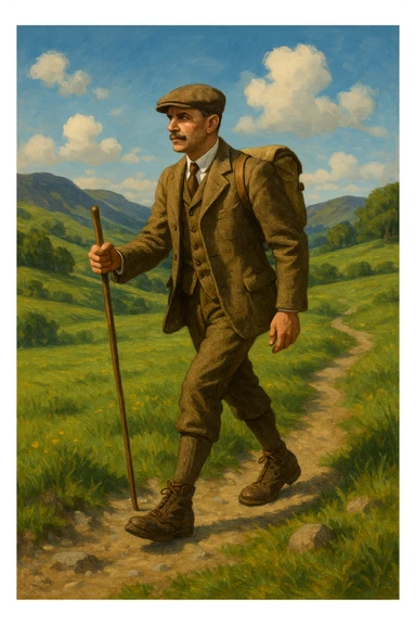 a gentleman hiking, wearing classic outdoor attire, in a scenic landscape sticker