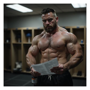 realistic powerlifter in locker room, wearing sportswear, holding a bottle of anabolic steroids (AAS) and reading instructions, uncertain expression, isolated on white background sticker