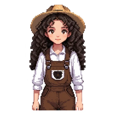 white girl with very curly dark brown hair, brown eyes, wearing farm clothes sticker