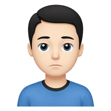 Cute cartoon-style boy portrait, black hair, blue t-shirt, big black eyes, closed mouth,clean bold lines, flat colors, minimal shading sticker