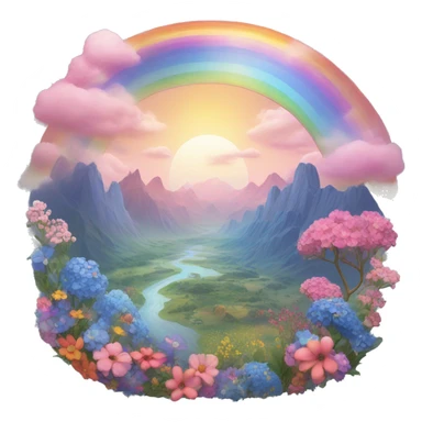 a fairytale landscape with a rainbow multicolor with shades of pink made of blue flowers and the sun on the side sticker