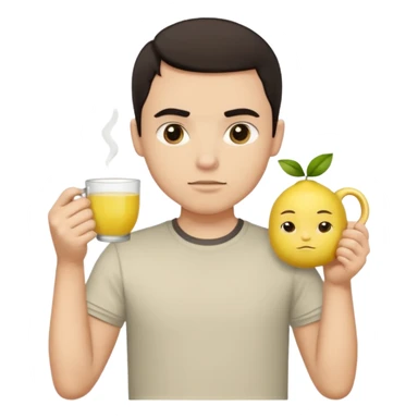 человек с короткими тёмными волосами и круглым лицом. У него спокойное, нейтральное выражение лица, тёмные глаза, аккуратные брови. Он стоит прямо на фоне светлой стены. На нём светлая футболка с небольшим рисунком. В целом образ выглядит простым и аккуратным. В руках чай с лимоном sticker