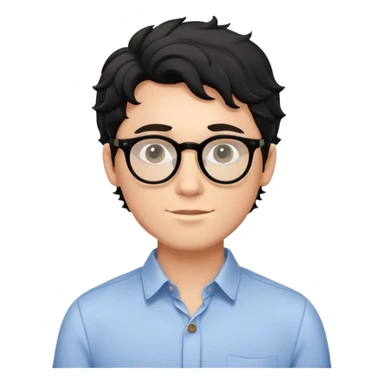 Young caucasian man with black wavy hair, round glasses, torso only, wearing relaxed buttoned-up shirt without a tie sticker