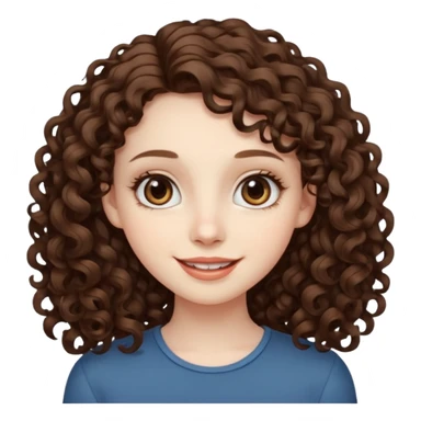 Light brown eyed female with pale skin. She has big eyes, curly and long dark brown hair and thin lips smiling. sticker