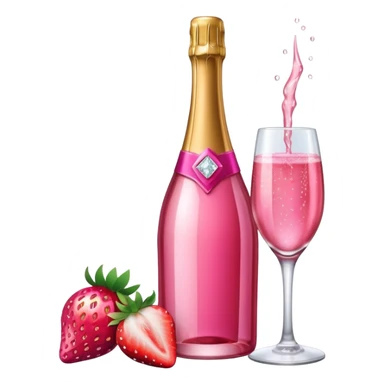 Realistic sparkling diamond glam hot pink champagne bottle with hot pink champagne in glass with strawberry ì> sticker