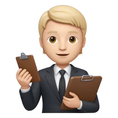 Apple Memoji-style 3D emoji of a manager character in a suit holding a clipboard, soft shading, rounded shapes, clean gradients, no background.
 sticker